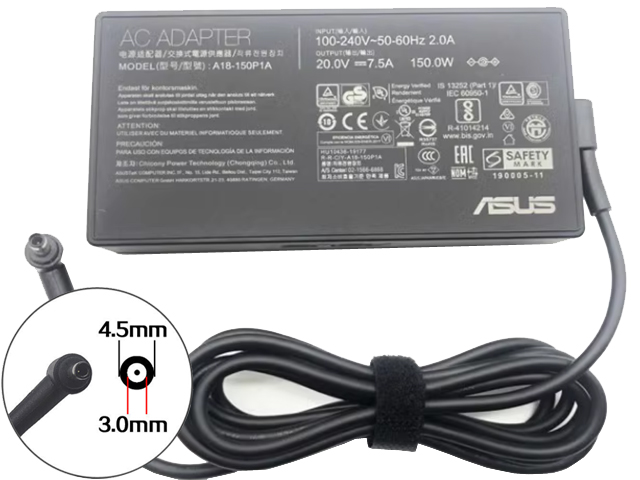 ASUS 20V 7.5A 150W Connector 4.5mm x 3.0mm Power Supply AC Adapter Charger